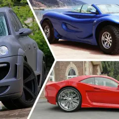 Drei Autos mit fragwürdigem Tuning: ein grauer Wagen mit breiten Kotflügeln, ein blauer Roadster mit Offroad-Reifen und ein roter Sportwagen mit riesigen Chromfelgen.