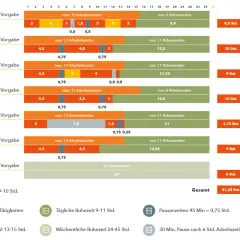 Übersicht der Schichtzeit LKW-Fahrer: Arbeitszeiten und Ruhepausen pro Tag, mit effektiven Stunden.