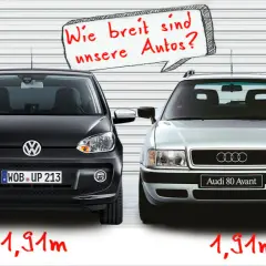 Zwei Autos, ein VW und ein Audi 80 Avant, stehen nebeneinander. Die Frage "Wie breit sind unsere Autos?" wird gestellt. Beide sind 1,91m breit.