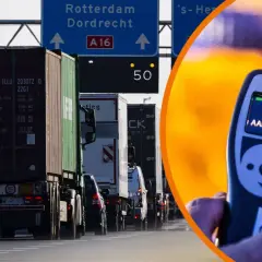 Alkoholtest in den Niederlanden zeigt 0,00 mg/L. LKW-Kolonne auf der A16 Richtung Rotterdam/Dordrecht.