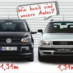 Zwei Autos, ein VW und ein Audi, stehen nebeneinander. Die Frage "Wie breit sind unsere Autos?" wird gestellt. Beide sind 1,91m breit.