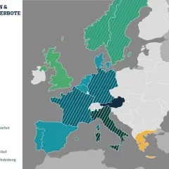 Karte zeigt Umweltzonen und **Diesel-Fahrverbote** in Europa. Verschiedene Farben markieren Beschränkungen, Umweltzonen, City-Maut, rotierende Fahrverbote und keine Beschränkungen.