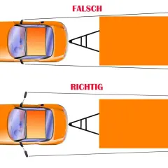 Oben: Falsch! Ohne Wohnwagenspiegel sind die Ecken des Anhängers nicht sichtbar. Unten: Richtig! Mit ausgefahrenen Wohnwagenspiegeln ist die Sicht frei.