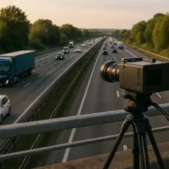 Ein handy blitzer auf einem Stativ überwacht den Verkehr auf einer Autobahn bei Sonnenuntergang.