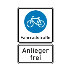 Verkehrsschild: Fahrradstraße, Anlieger frei. Hier dürfen Radfahrer fahren und Anwohner mit ihrem Auto durch.