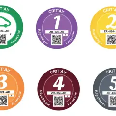 Aufkleber für die Crit'Air-Umweltplakette in Frankreich, von 0 (grün) bis 5 (grau), zur Regulierung des Verkehrs.