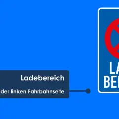 Neues verkehrsschild: Ladebereich beginnt links. Verbotsschild mit Pfeil nach rechts und Text "LADE-BEREICH".