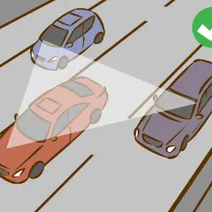 So stellst du dein **Auto Spiegel** richtig ein: Ein roter Wagen hat einen toten Winkel, der blaue Wagen ist gut sichtbar.