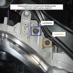 Einstellung der automatischen Leuchtweitenregulierung am Bi-Xenon-Scheinwerfer. Schrauben für Leuchtwinkel und Leuchtweite sind markiert.