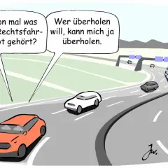 Autobahn: Ein Auto fragt, ob man vom Rechtsfahrgebot gehört hat. Ein anderes meint: Wer überholen will, kann mich ja überholen.