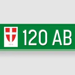 Grünes Wiener Kennzeichen "W 120 AB" mit Wappen und Prüfplakette.