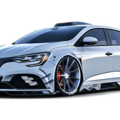 Sportlicher weißer Renault mit aggressivem Bodykit und riesigen Felgen. Dieses Renault Tuning ist ein echter Hingucker.