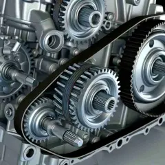 Detailansicht eines Motors mit Zahnriemen und Zahnrädern. Ein hydraulischer Wandler ist Teil dieses komplexen Getriebes.