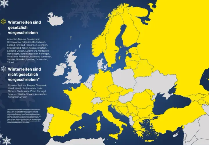 Karte Europas: Gelb markiert sind Länder mit Winterreifenpflicht, z.B. Italien. Grau sind Länder ohne Pflicht.