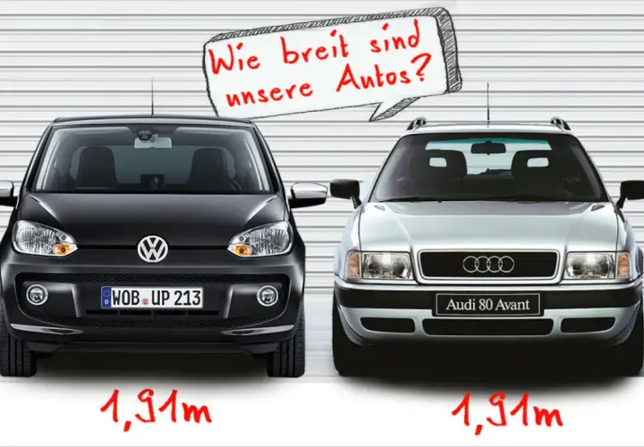Zwei Autos, ein VW und ein Audi 80 Avant, stehen nebeneinander. Die Frage "Wie breit sind unsere Autos?" wird gestellt. Beide sind 1,91m breit.