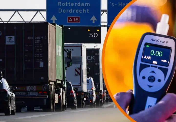 Alkoholtest in den Niederlanden zeigt 0,00 mg/L. LKW-Kolonne auf der A16 Richtung Rotterdam/Dordrecht.