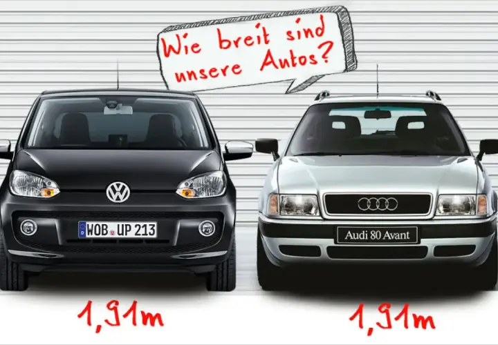 Zwei Autos, ein VW und ein Audi, stehen nebeneinander. Die Frage "Wie breit sind unsere Autos?" wird gestellt. Beide sind 1,91m breit.