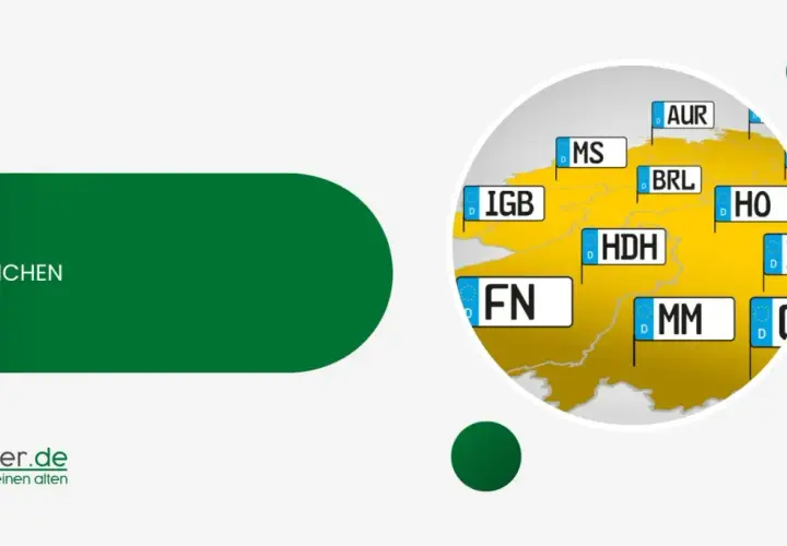Deutsche Kennzeichen auf einer Karte. Viele Städte wie IGB, FN, HDH, MM, MS, BRL, HO, AUR sind mit ihren Kennzeichen markiert.