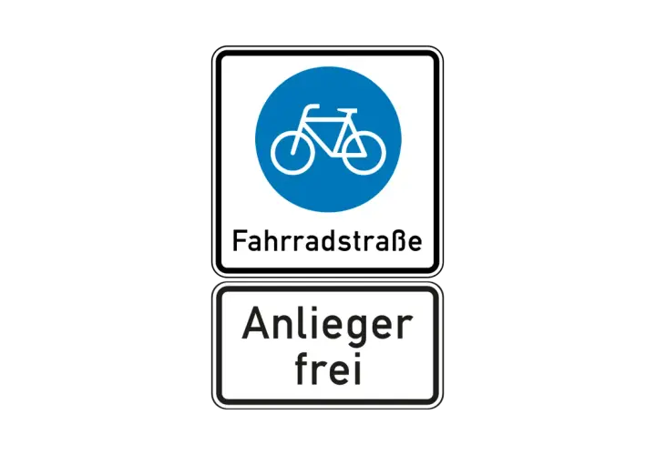 Verkehrsschild: Fahrradstraße, Anlieger frei. Hier dürfen Radfahrer fahren und Anwohner mit ihrem Auto durch.