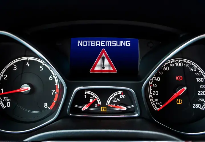 Armaturenbrett zeigt "NOTBREMSUNG" an. Assistenzsysteme im Auto sind Pflicht, um solche Warnungen zu vermeiden.