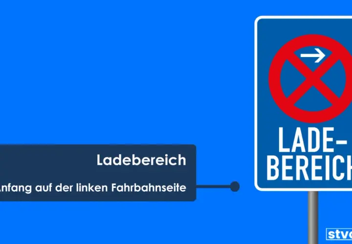 Neues verkehrsschild: Ladebereich beginnt links. Verbotsschild mit Pfeil nach rechts und Text "LADE-BEREICH".