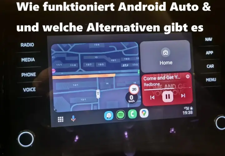 Das Bild zeigt, wie Android Auto funktioniert, mit Navigation und Musikwiedergabe. Es gibt auch Alternativen zu Android Auto.