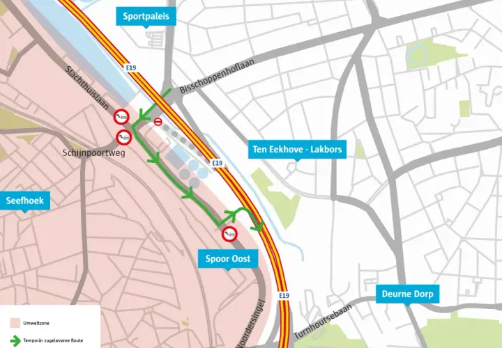 Umweltzone in Belgien: Temporäre Route für PKW-Fahrer, die die E19 nutzen. Umleitung um die Umweltzone.