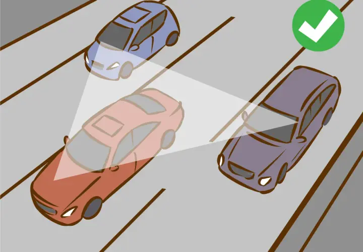 So stellst du dein **Auto Spiegel** richtig ein: Ein roter Wagen hat einen toten Winkel, der blaue Wagen ist gut sichtbar.