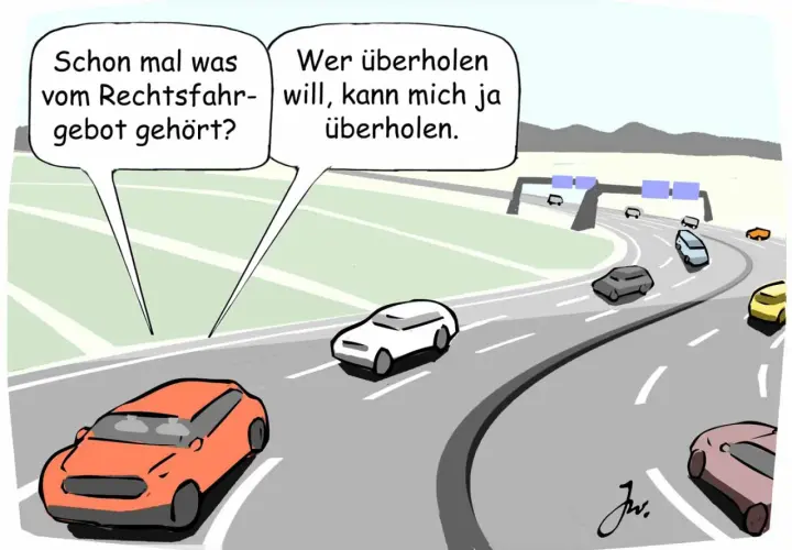 Autobahn: Ein Auto fragt, ob man vom Rechtsfahrgebot gehört hat. Ein anderes meint: Wer überholen will, kann mich ja überholen.
