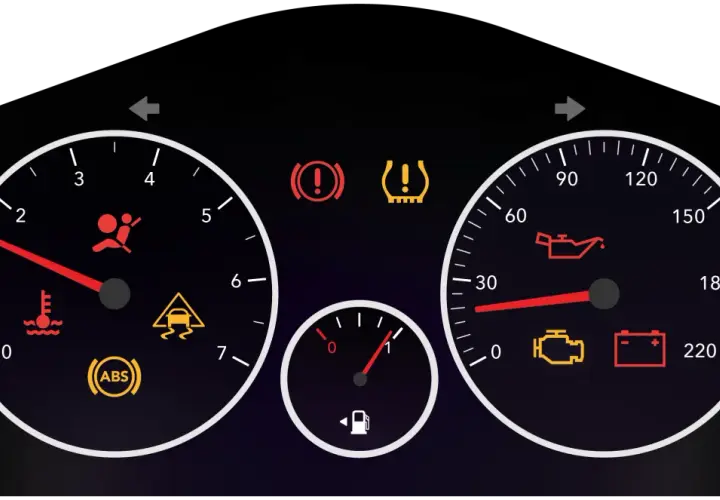 Armaturenbrett mit vielen Kontrollleuchten: Airbag, ABS, Motorkontrolle, Bremsen, Reifendruck, Ölstand, Batterie, Kühlmittel.