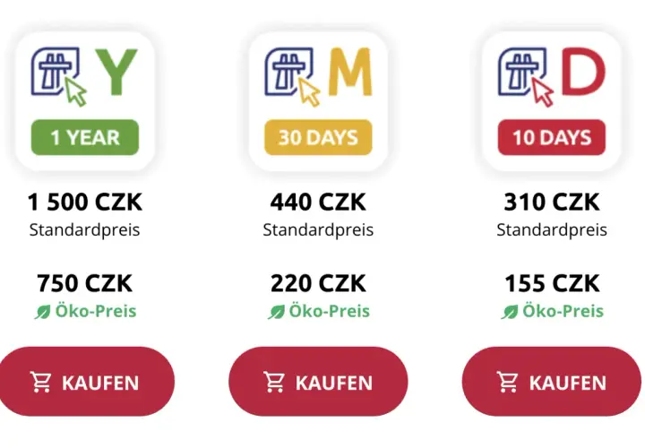 Vignetten für Tschechien: 1 Jahr (1500 CZK), 30 Tage (440 CZK) oder 10 Tage (310 CZK). Öko-Preise verfügbar.