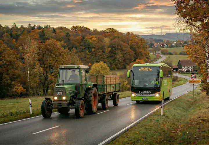 Ein grüner Traktor mit Anhänger und ein Flixbus fahren auf einer Landstraße im Herbst. Die 132 bkat Szene zeigt bunte Bäume und eine malerische Landschaft.