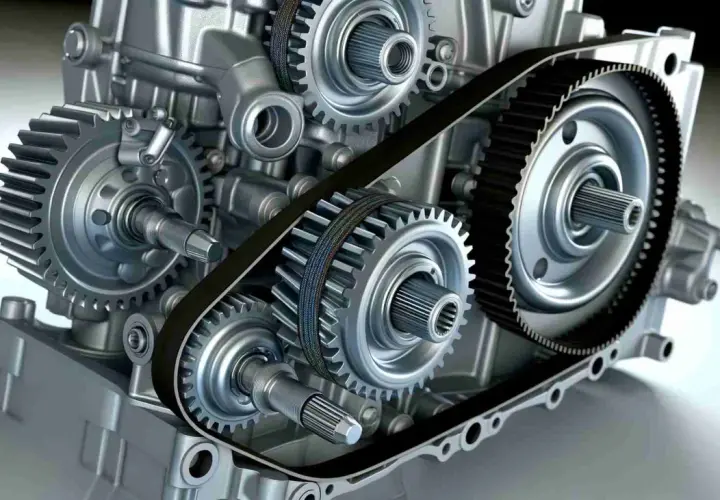 Detailansicht eines Motors mit Zahnriemen und Zahnrädern. Ein hydraulischer Wandler ist Teil dieses komplexen Getriebes.