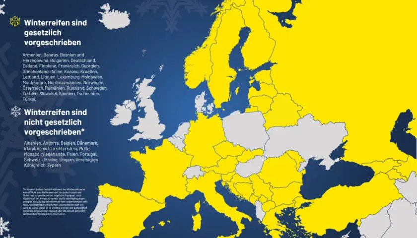 Karte Europas: Gelb markiert sind Länder mit Winterreifenpflicht, z.B. Italien. Grau sind Länder ohne Pflicht.