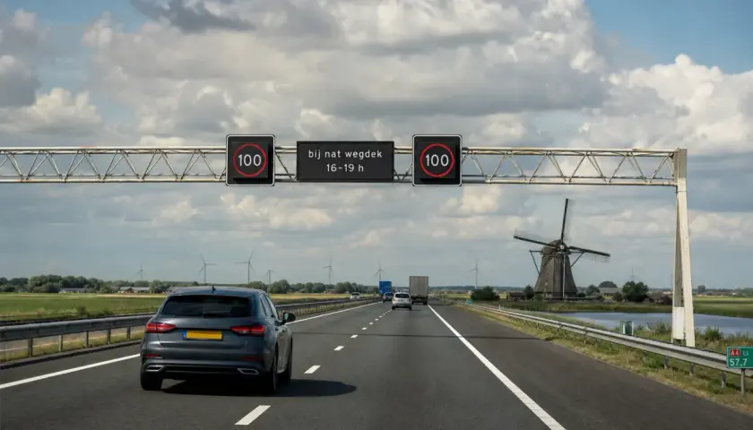 Autobahn in den Niederlanden mit einem Blitzer-Schild, das 100 km/h bei nasser Fahrbahn zwischen 16-19 Uhr anzeigt. Ein Windrad und Autos sind zu sehen.