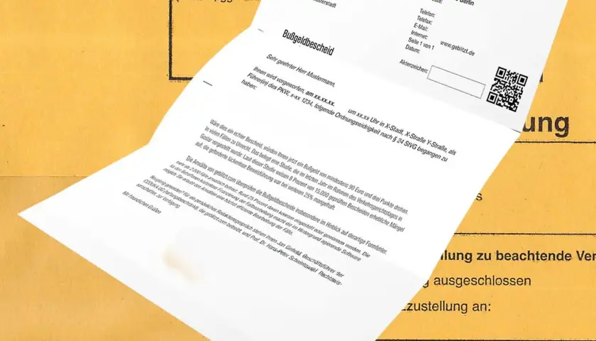 Bußgeldbescheid: Ein Schreiben, das wie ein Blitzer ohne Blitz wirkt. Es droht ein Bußgeld, doch die Anwälte von geblitzt.com prüfen auf Fehler.