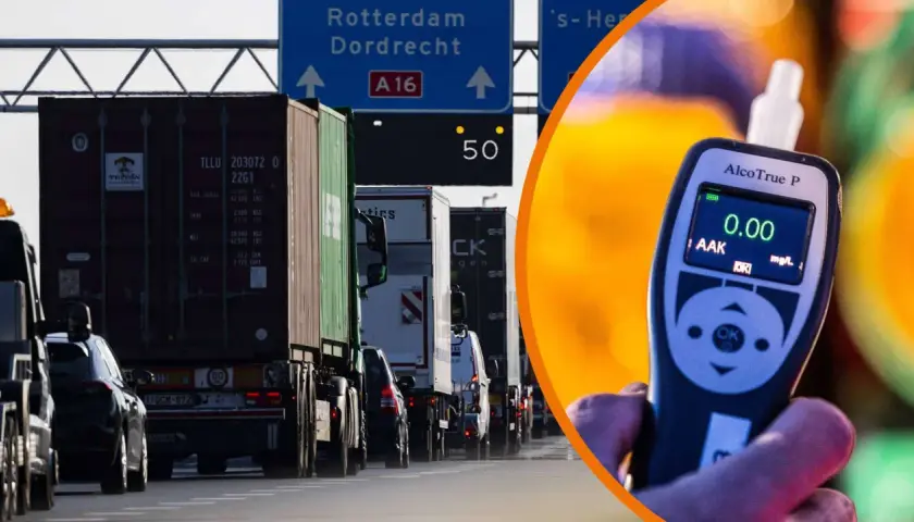 Alkoholtest in den Niederlanden zeigt 0,00 mg/L. LKW-Kolonne auf der A16 Richtung Rotterdam/Dordrecht.