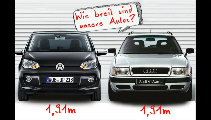 Zwei Autos, ein VW und ein Audi, stehen nebeneinander. Die Frage "Wie breit sind unsere Autos?" wird gestellt. Beide sind 1,91m breit.