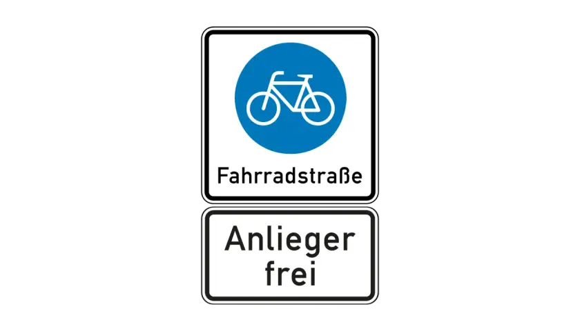 Verkehrsschild: Fahrradstraße, Anlieger frei. Hier dürfen Radfahrer fahren und Anwohner mit ihrem Auto durch.