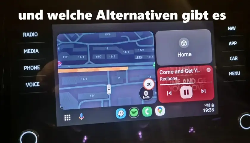 Das Bild zeigt, wie Android Auto funktioniert, mit Navigation und Musikwiedergabe. Es gibt auch Alternativen zu Android Auto.