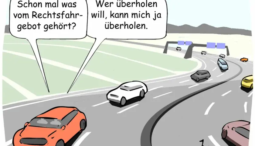 Autobahn: Ein Auto fragt, ob man vom Rechtsfahrgebot gehört hat. Ein anderes meint: Wer überholen will, kann mich ja überholen.