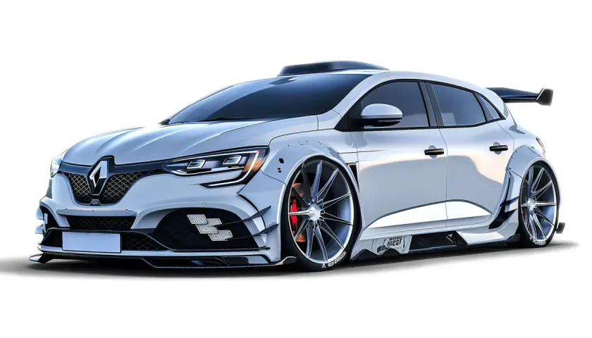 Sportlicher weißer Renault mit aggressivem Bodykit und riesigen Felgen. Dieses Renault Tuning ist ein echter Hingucker.