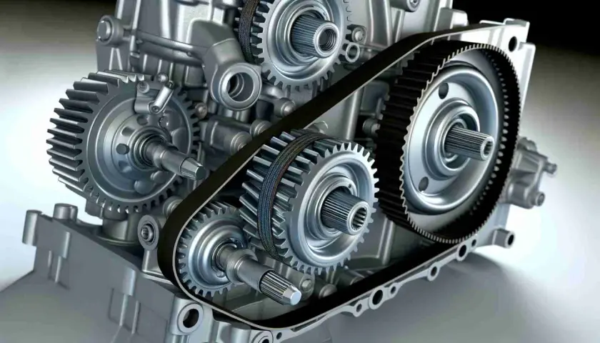 Detailansicht eines Motors mit Zahnriemen und Zahnrädern. Ein hydraulischer Wandler ist Teil dieses komplexen Getriebes.