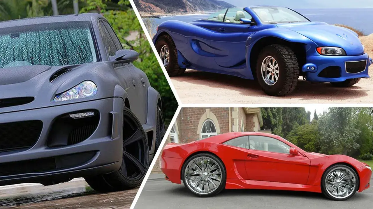 Drei Autos mit fragwürdigem Tuning: ein grauer Wagen mit breiten Kotflügeln, ein blauer Roadster mit Offroad-Reifen und ein roter Sportwagen mit riesigen Chromfelgen.