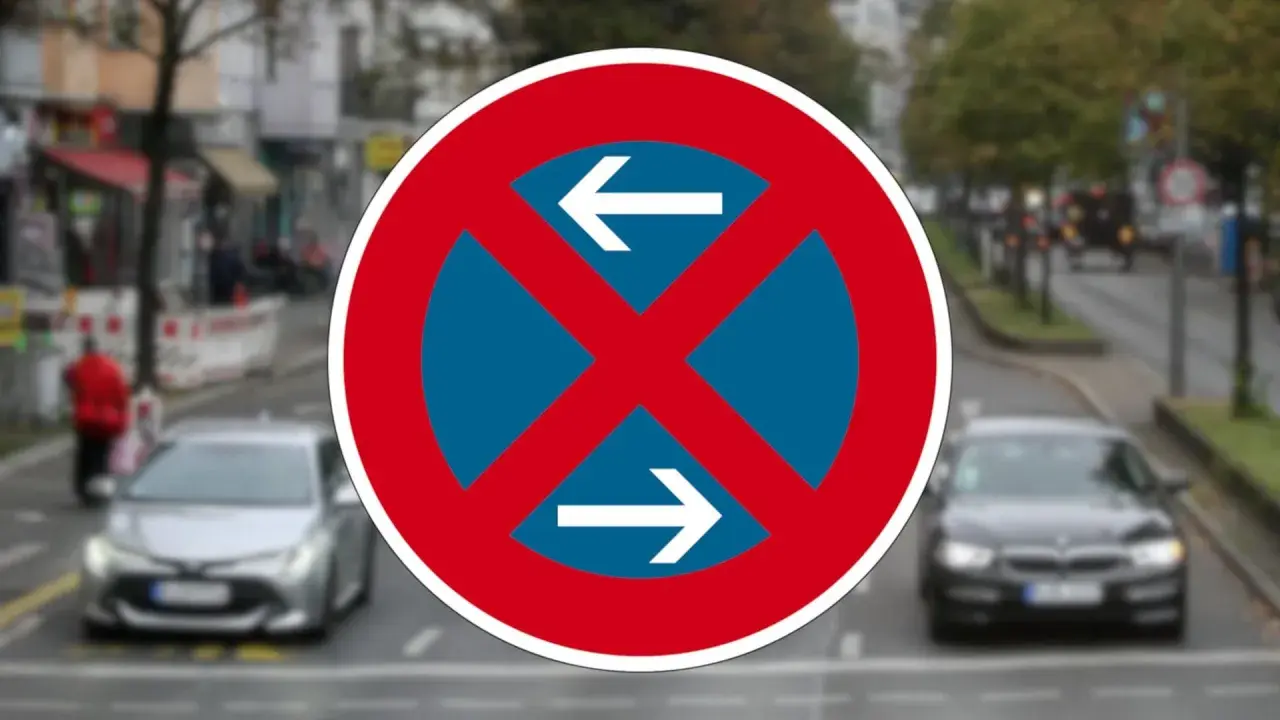 Verkehrszeichen 283: Absolutes Halteverbot. Pfeile zeigen nach links und rechts, was bedeutet, dass das Halten in beide Richtungen verboten ist.