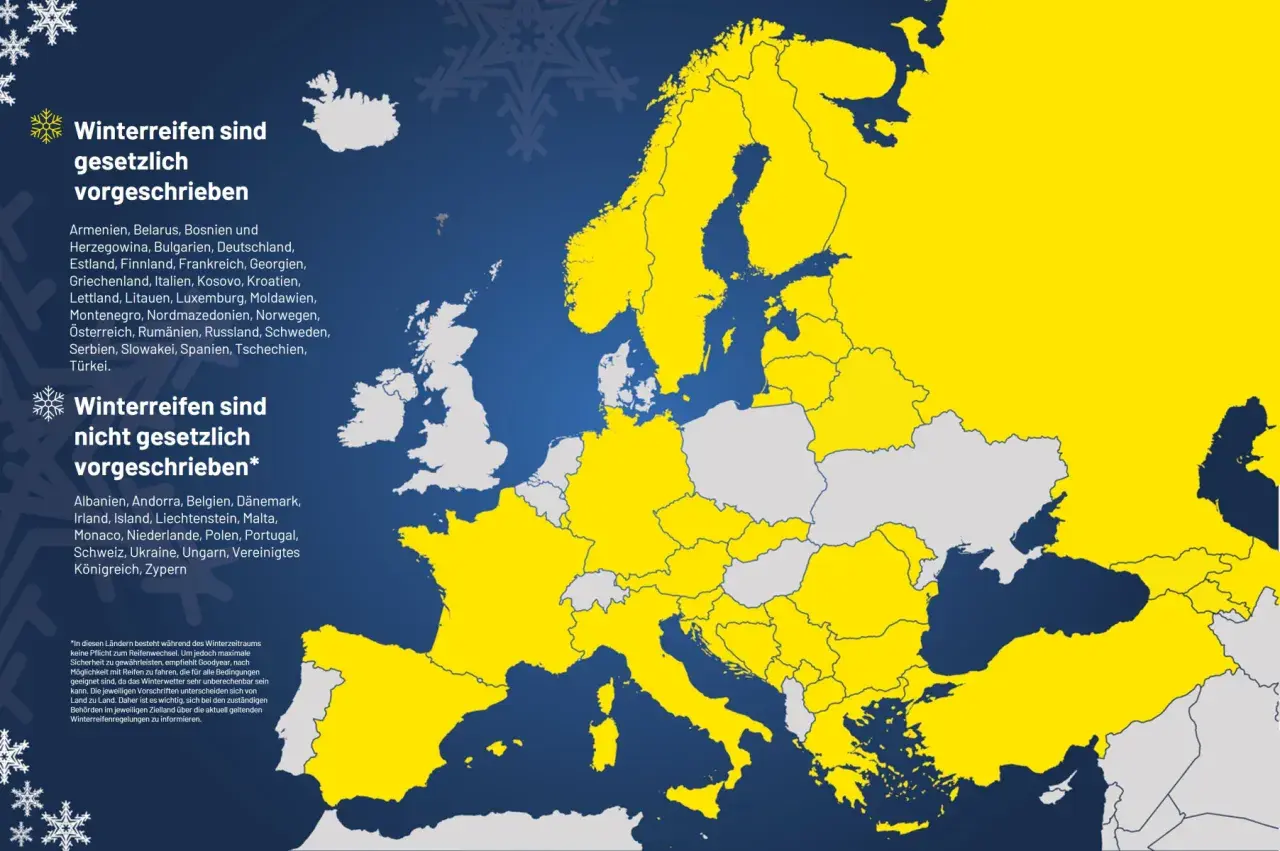 Karte Europas: Gelb markiert sind Länder mit Winterreifenpflicht, z.B. Italien. Grau sind Länder ohne Pflicht.