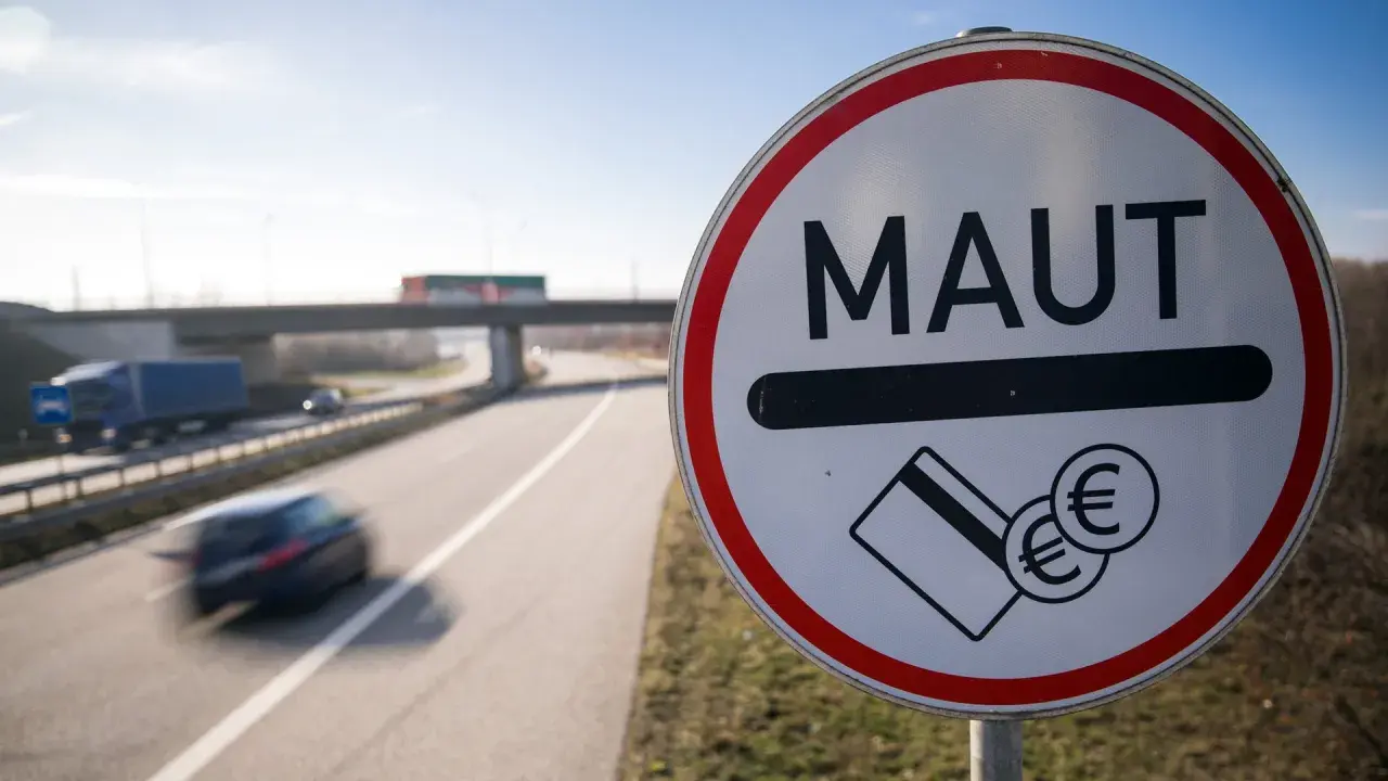 Mautschild an einer Autobahn in Belgien. Fahrzeuge passieren die Straße, während das Schild auf die Mautgebühren hinweist.
