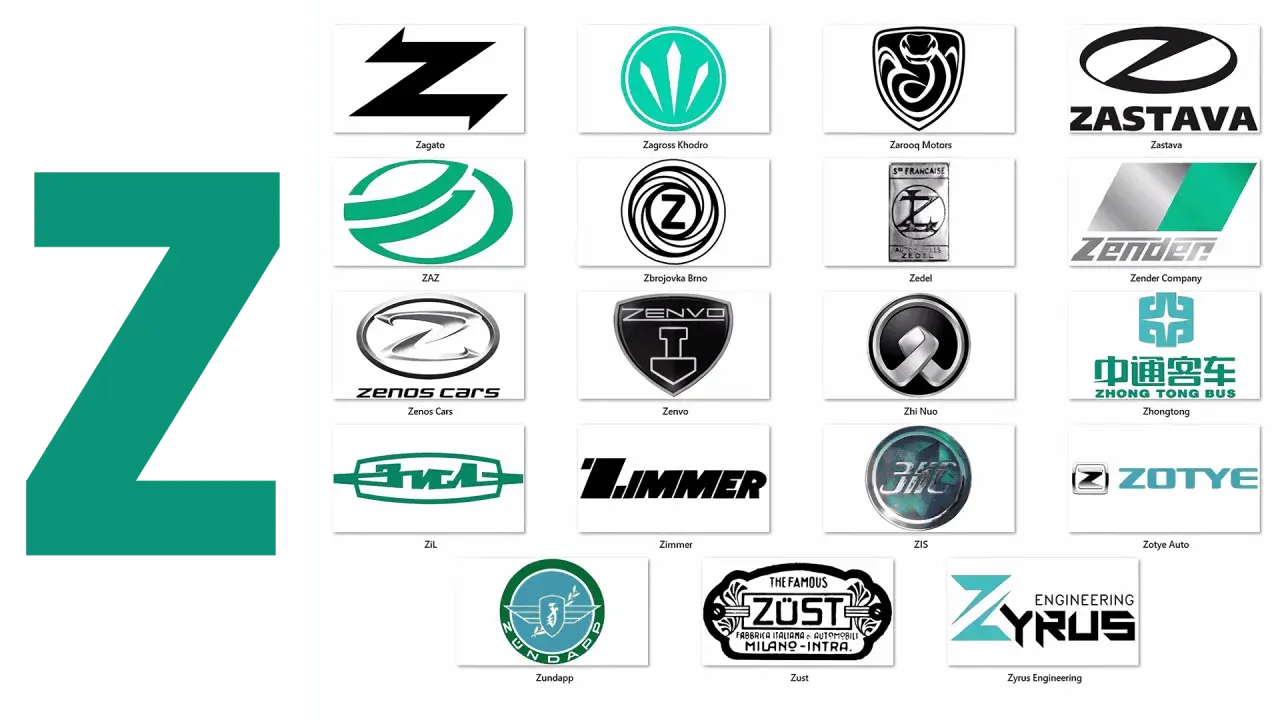 Logos von Automarken mit Z: Zagato, Zastava, Zender, Zotye und weitere.