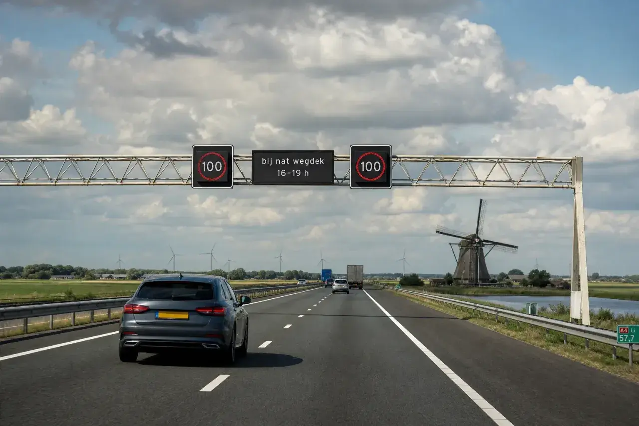 Autobahn in den Niederlanden mit einem Blitzer-Schild, das 100 km/h bei nasser Fahrbahn zwischen 16-19 Uhr anzeigt. Ein Windrad und Autos sind zu sehen.