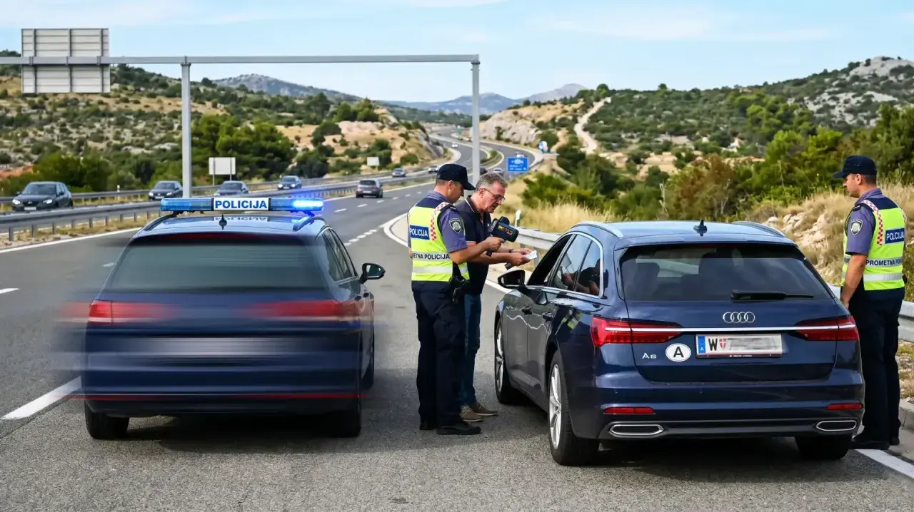 Polizei kontrolliert auf der kroatischen Autobahn die Geschwindigkeit. Ein Fahrer wird angehalten und mit einem Messgerät überprüft.